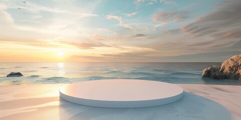 Tranquil Sunset Scene on Beach with Modern Bench