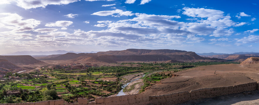 View of Ouarzazate from the Kasbah of Ait Ben Haddou. River dry season.The Berbers built many mud-house Kasbah near the Ait Ben Haddou Gorge, Morocco.