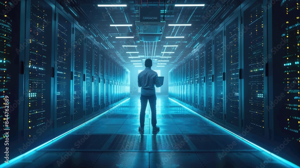 Poster technician working in a futuristic data center with server racks, illuminated by blue lights, highli