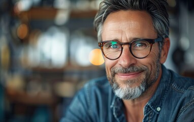 Obraz premium A man with glasses is smiling and looking at the camera. He is wearing a blue shirt and jeans
