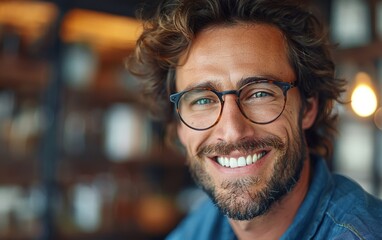 Obraz premium A man with glasses is smiling and looking at the camera. He has a beard and is wearing a blue shirt