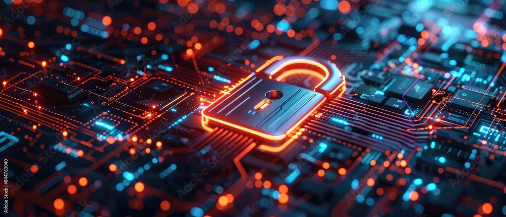 Poster cybersecurity concept with futuristic glowing padlock on a circuit board, representing data protecti