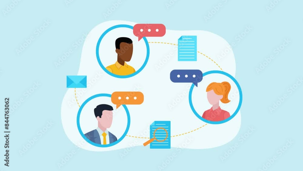 Poster flat style animation showing an online conversation between employees or employees with a customer. 