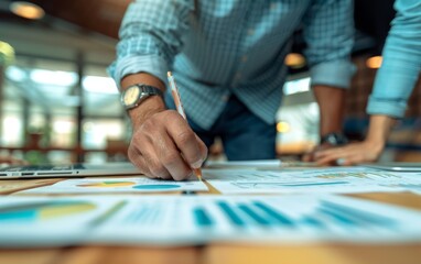 Obraz premium A man is writing on a piece of paper with a pencil. He is wearing a watch and a blue shirt. Concept of focus and concentration as the man writes