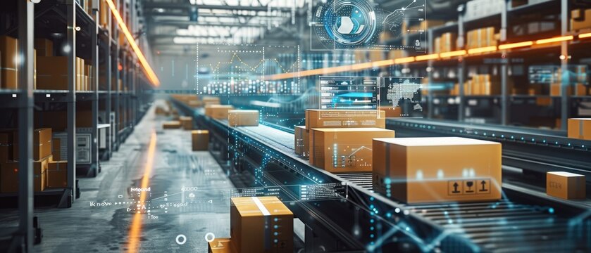 Modern automated warehouse with conveyor belts and technology displaying connected logistics and efficient shipping processes.