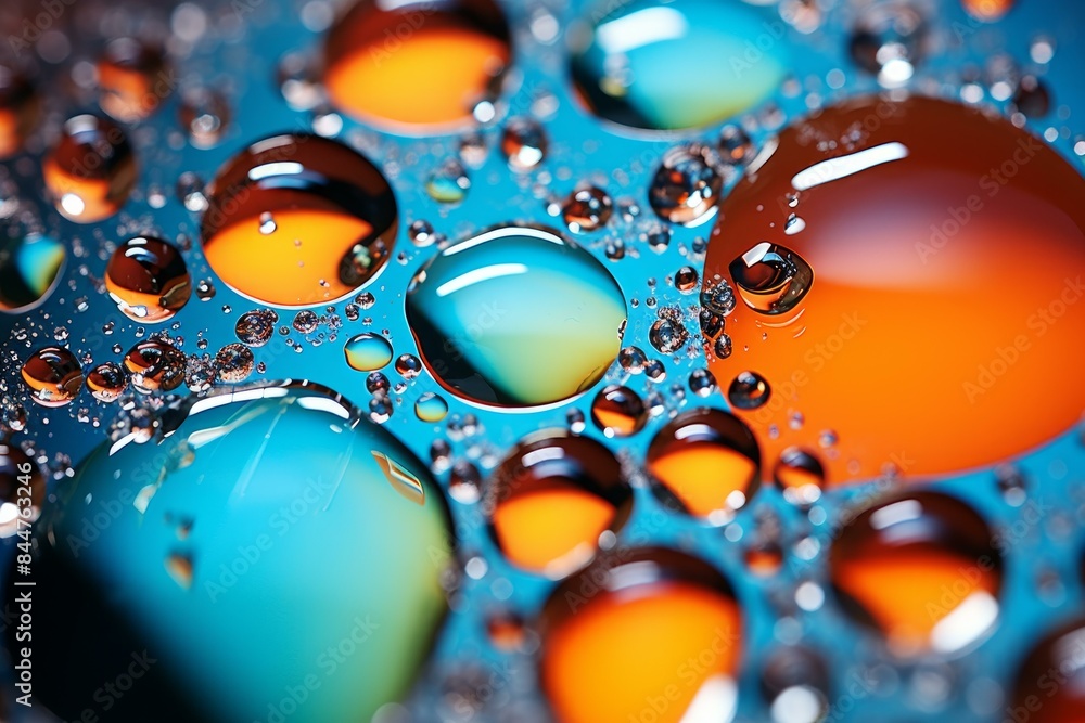 Poster macro shot of water droplets on a multicolored surface with a vibrant, glossy reflection