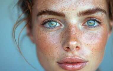 A woman with blue eyes and red hair. She has a lot of freckles on her face