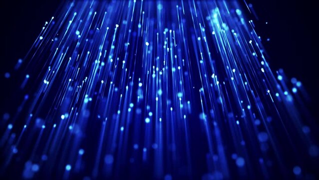 Digital data stream effect up dark background video. Tech blue neon particles loop motion