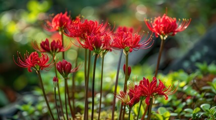Blooming crimson flowers of Lycoris radiata in the fall