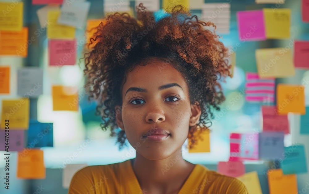 Poster a woman with curly hair is standing in front of a wall covered in colorful sticky notes. the notes a