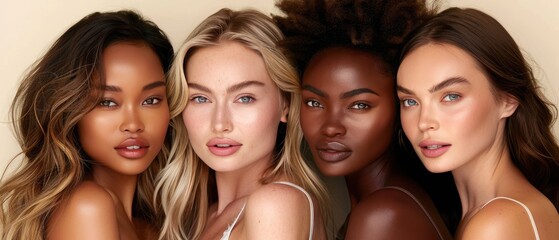 Obraz premium Diverse beauty portrait of four women. Different skin tones and hair types, showcasing natural beauty and inclusivity.