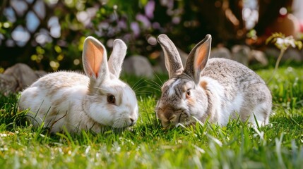 Fototapeta premium Two large adorable bunnies in white gray and brown colors resting on the lawn Emphasizing the concept of owning pets during the Easter celebration