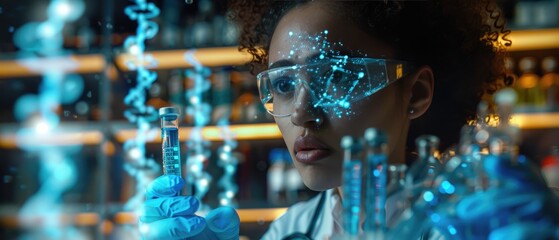 Female scientist analyzing a test tube in a futuristic lab, surrounded by digital data projections and wearing protective eyewear.