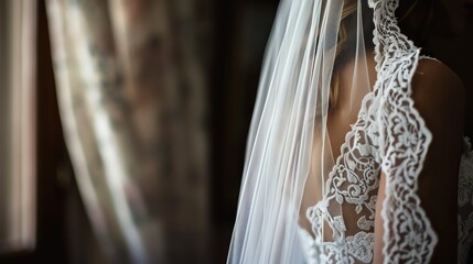 Intricate wedding dress with lace details draped gracefully over a curtain rod