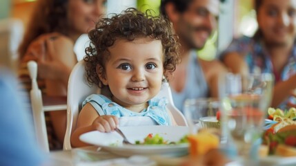 family sitting at the table during a meal, with the baby in a high chair participating in the moment. generative ai