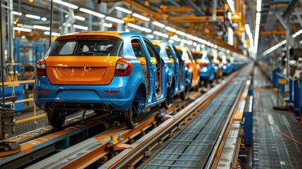 Obraz premium Modern automotive assembly line with blue and orange cars being assembled in a manufacturing plant. Industrial production process.