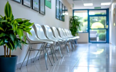 A row of white chairs are lined up in a hallway. The chairs are empty and the hallway is clean and bright