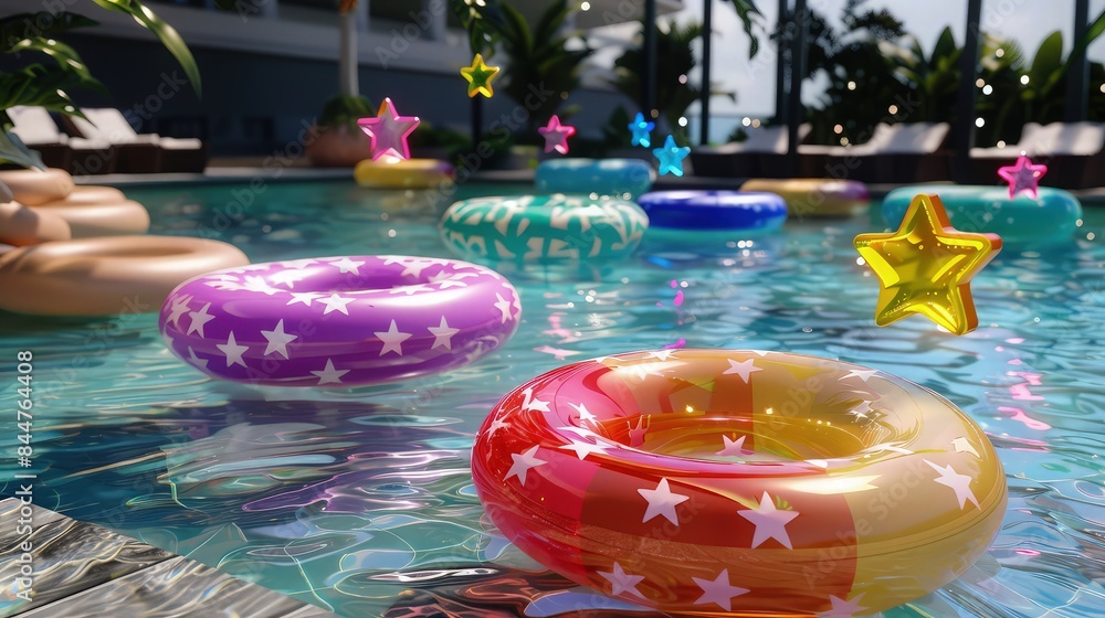 Poster a 3d render of a luxurious pool scene featuring colorful swimming rings in shapes like stars and hea