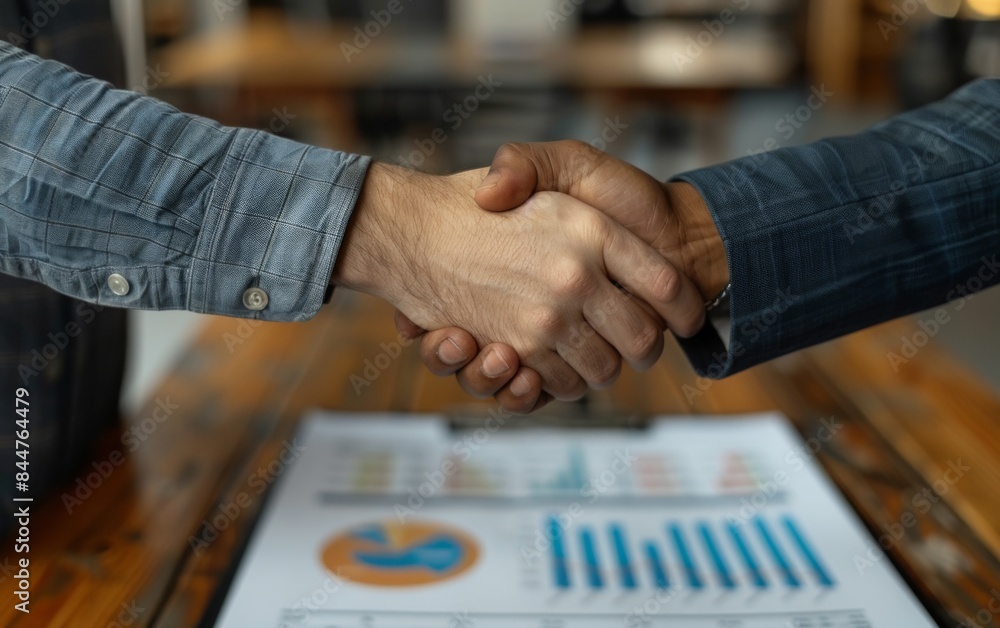 Poster two people shaking hands in front of a table with a bunch of graphs. scene is professional and forma