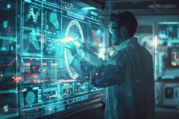 Futuristic Scientist Programming Time Travel Device with Holographic Screens of Historical Periods