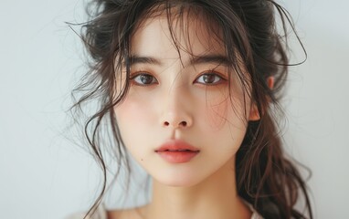 A woman with long brown hair and a pinkish face. She has a pinkish lip color