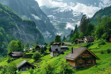 Obraz premium A quaint village nestled in a lush valley, surrounded by towering mountains and misty peaks.