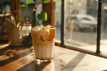 A refreshing iced coffee sits on a wooden table by a window, with sunlight streaming through.
