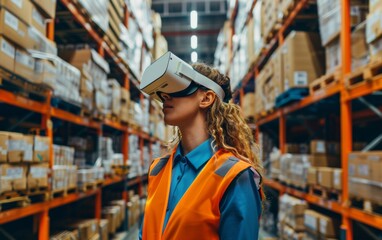 Fototapeta premium A woman wearing an orange vest and glasses is standing in a warehouse. She is wearing a virtual reality headset and looking at a box