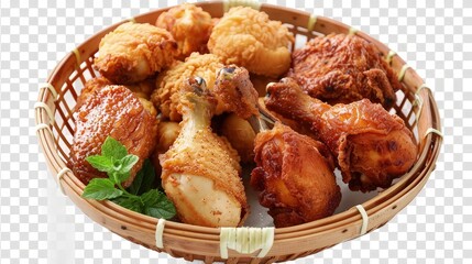 A basket of assorted fried chicken pieces, each with a crispy coating, presented on a transparent background. A handful of mint leaves scattered among the pieces adds a refreshing 
