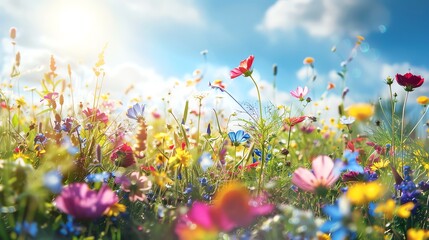 A vibrant meadow with a profusion of colorful wildflowers under a bright blue sky. The sun shines through the clouds creating a warm, idyllic scene.