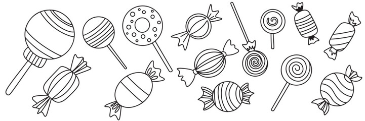 Collection of candy in doodle style. Hand drawn vector art.
