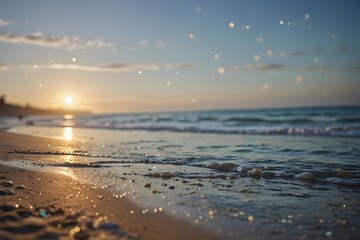 Obraz premium Serene beach bokeh Create a tranquil beach bokeh with soft hues of blue, beige, and white, capturing the gentle waves rolling onto the shore and the vast expanse of the ocean.