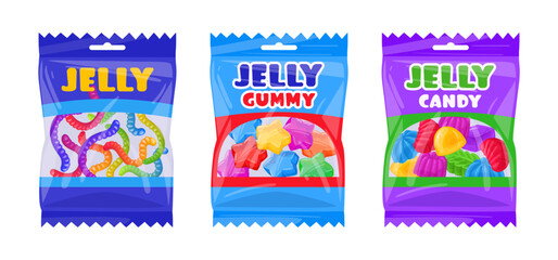 Gummy chewy jelly candies bags. Chewy jelly candy sweets with fruit flavor flat vector illustration set. Fruity gummy packages