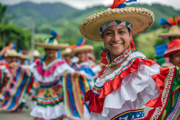 Smiling Woman in Traditional Dress During a Parade in Costa Rica