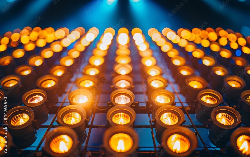 Poster a row of lights with a yellowish glow. the lights are arranged in a grid pattern. concept of warmth 