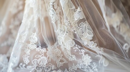 Fototapeta premium Close-up of delicate white lace fabric with intricate floral patterns, perfect for wedding or bridal themes.