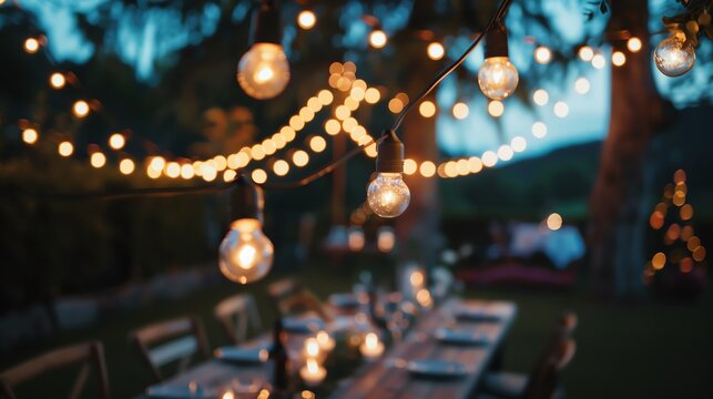Twinkling string lights illuminate a table set for an outdoor dinner party.
