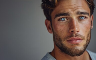 Obraz premium A man with a beard and blue eyes is looking at the camera. He has a light blue shirt on
