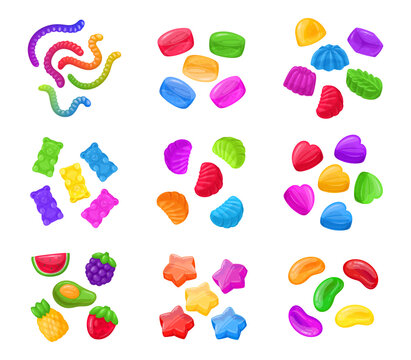 Jelly candies. Cartoon fruity gummy, delicious chewy sweets with various flavors flat vector illustration set. Jelly sweets collection