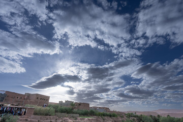 View of Ouarzazate from the Kasbah of Ait Ben Haddou. River dry season.The Berbers built many mud-house Kasbah near the Ait Ben Haddou Gorge, Morocco.