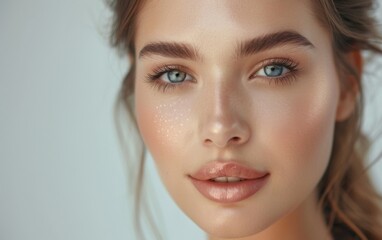 Naklejka premium A woman with a beautiful face and a smile. She has a light pink lip color. Concept of happiness and confidence