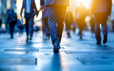 Fototapeta premium A group of people walking down a city street. Concept of busyness and movement, as the people are walking in different directions and at different speeds