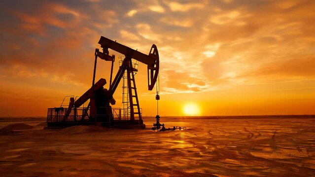 Golden hour at the oilfield with pump jack silhouette