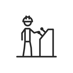 Worker at control panel, linear style icon. Worker at control panel, industrial operations or machinery control. Editable stroke width.