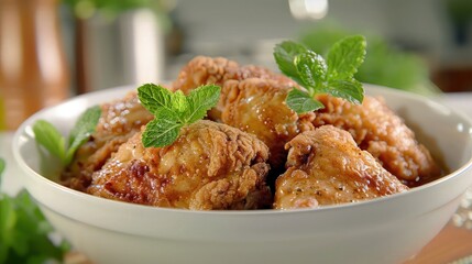 Savory golden brown chicken wings garnished with fresh mint leaves served in a white bowl creating an appealing visual for restaurant menu design.