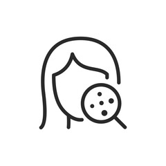 Face with magnifying glass and acne, linear style icon. examining acne on the face. Editable stroke width.