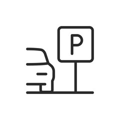 Car parking, linear style icon. Car next to parking sign. Editable stroke width