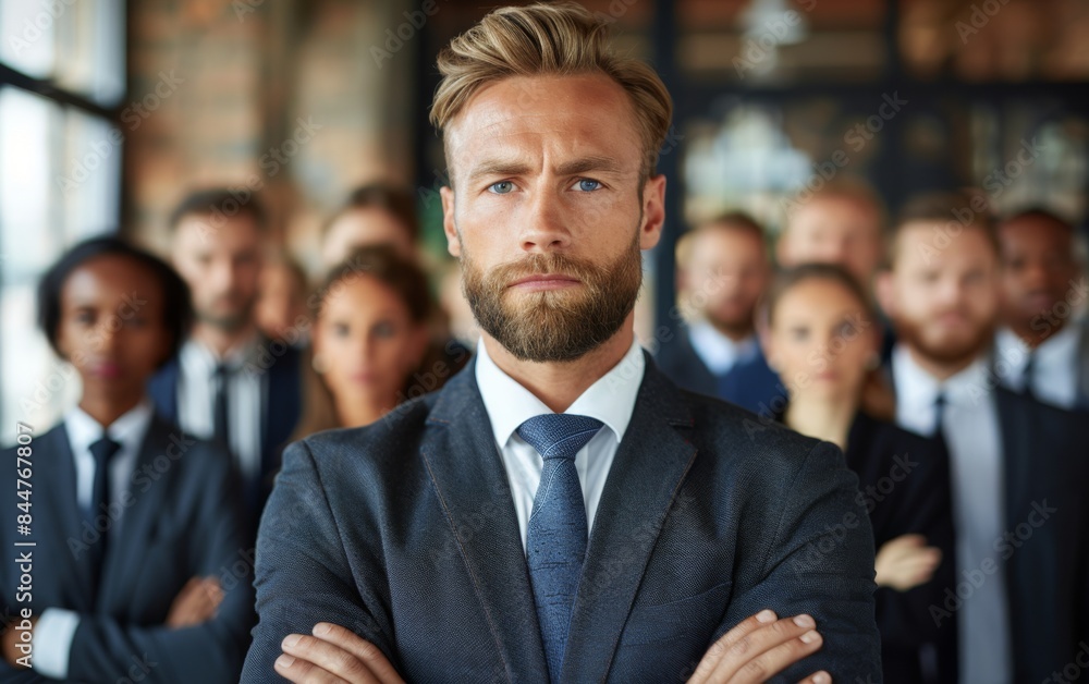 Poster a man with a beard stands in front of a group of people in suits. he is the center of attention and 