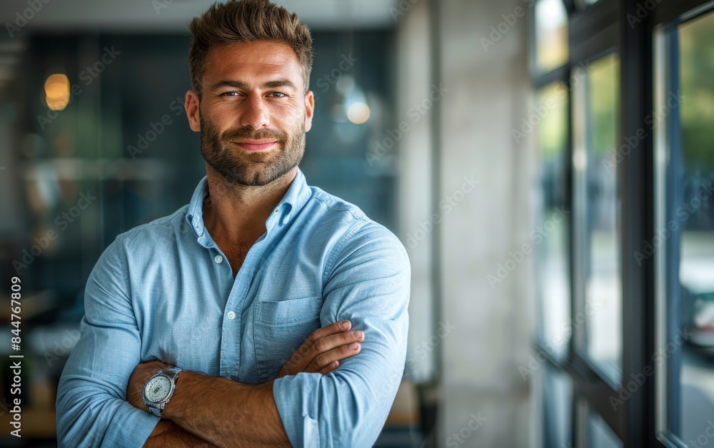 Poster a man with a blue shirt and a watch is standing in front of a window. he is smiling and looking at t
