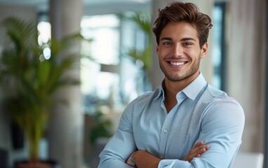 Obraz premium A man with a smile on his face is wearing a blue shirt and is standing in front of a plant